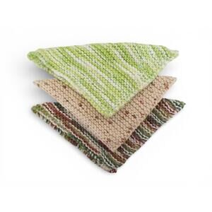 (3) Handmade Knitted Dishcloths Washcloths 100% Cotton Browns and Greens